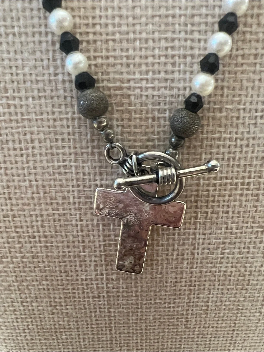 Classic Sterling Silver Pearl and Black Bead Cross Pendant Necklace